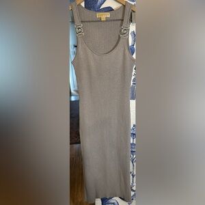 Michael Kors Metallic Gray Logo Ribbed Midi Knit Stretch Dress NWOT